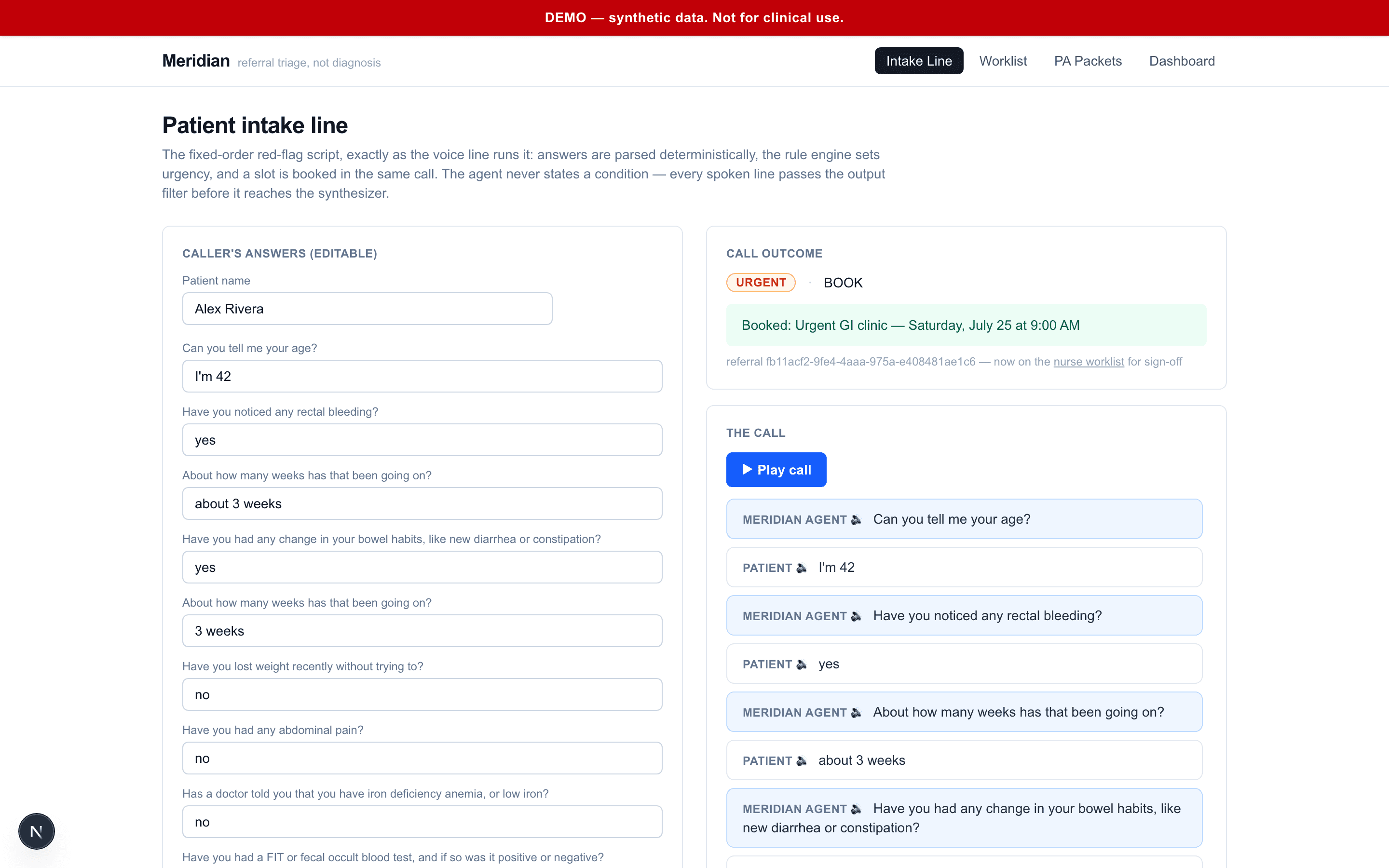 Voice intake call booking an urgent GI slot in the same call